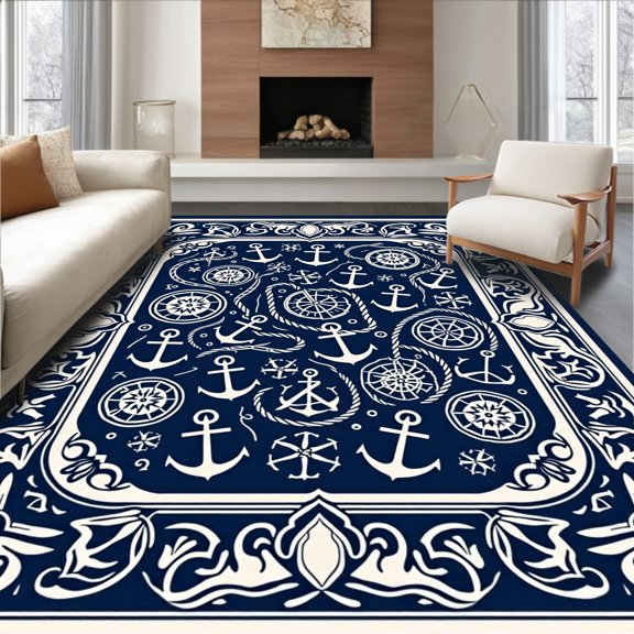 ODIKA 4x6 Machine Washable Non-Slip Area Rug, Nautical Anchor Compass Rose Waterproof Reversible Straw High Traffic Rug, Blue, 701255