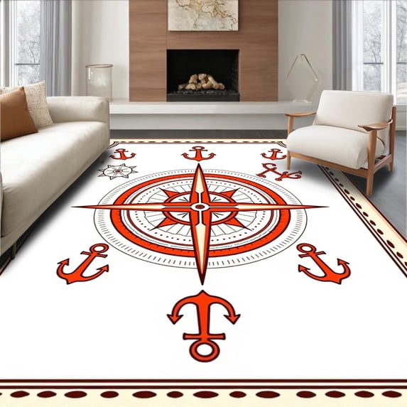 ODIKA 4'x6' Machine Washable Non-Slip Area Rug, Nautical Compass Rose Maritime Navigation Design Floor Covering High Traffic Rug with Pad, Orange, 714008