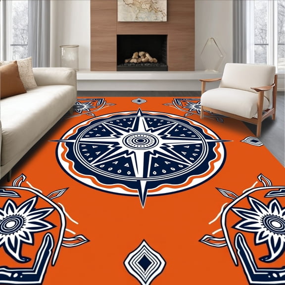 ODIKA 4'x6' Machine Washable Non-Slip Area Rug, Nautical Compass Rose Reversible Straw Design High Traffic Rug, Orange, 716073
