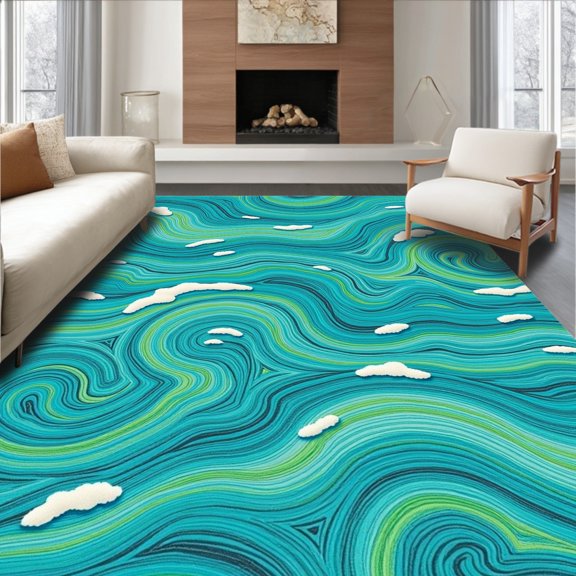 ODIKA 4'x6' Machine Washable Non-Slip Area Rug, Nautical Drift Impressionist Design High Traffic Rug, Blue, 664261