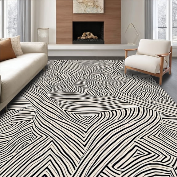 ODIKA 4'x6' Machine Washable Non-Slip Area Rug, Nautical Rope Knot Motif with Waterproof Herringbone High Traffic Rug, Black, 701458