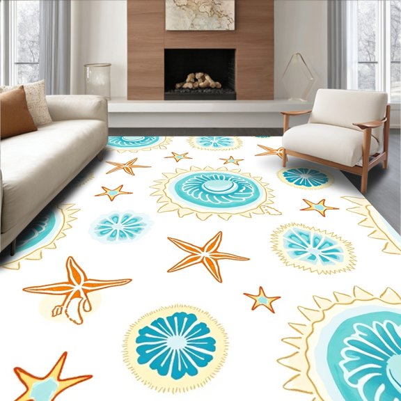 ODIKA 4x6 Machine Washable Non-Slip Area Rug, Nautical Seashell Wave With Starfish Decoration High Traffic Rug, Blue, 729559