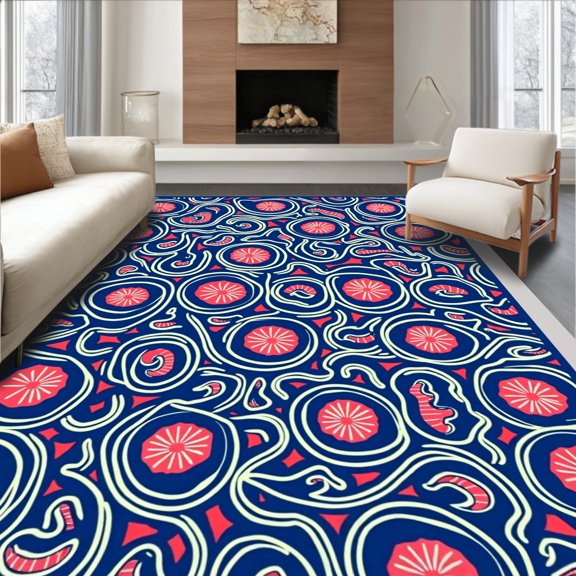 ODIKA 4'x6' Machine Washable Non-Slip Area Rug, Nautical Shell Cluster with Swirling Seafoam and Coral Details High Traffic Rug, Blue, 618808