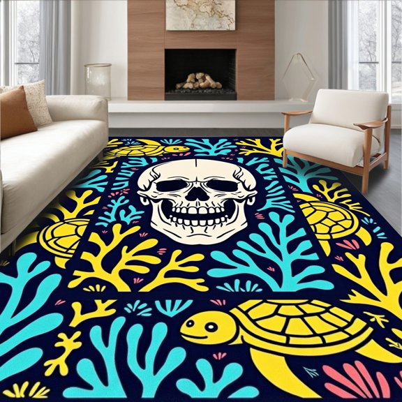 ODIKA 4x6 Machine Washable Non-Slip Area Rug, Nautical Skull With Ocean Turtles And Coral Reef High Traffic Rug, Blue, 680648