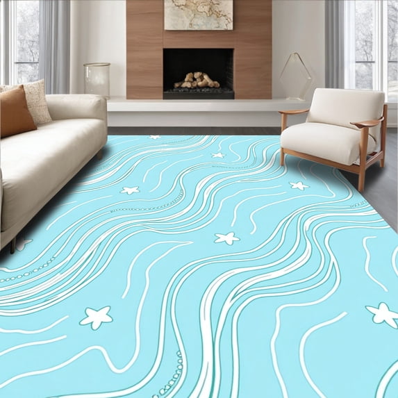 ODIKA 4'x6' Machine Washable Non-Slip Area Rug, Nautical Tides with Stylized Starfish and Flowing Wave Motifs High Traffic Rug with Pad, Blue, 341565