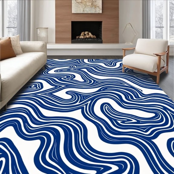 ODIKA 4'x6' Machine Washable Non-Slip Area Rug, Nautical Wave Reversible Straw High Traffic Rug, Blue, 716032