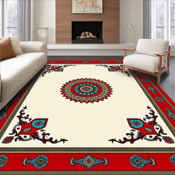 ODIKA 4'x6' Machine Washable Non-Slip Area Rug, Noble Estate Symmetrical Decorative Medallion High Traffic Rug, Red, 664124