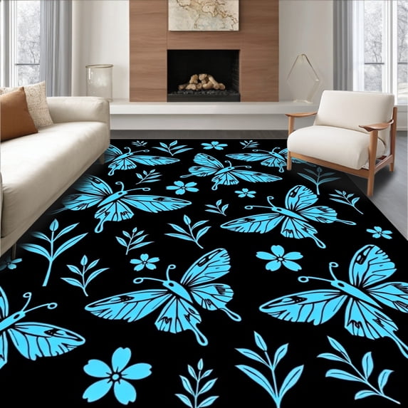 ODIKA 4'x6' Machine Washable Non-Slip Area Rug, Nocturnal Moth Garden Enchanted Wilderness Fantasy High Traffic Rug, Black, 574834