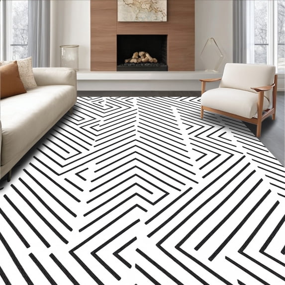 ODIKA 4'x6' Machine Washable Non-Slip Area Rug, Nordic Inspired Art with Minimalist Interlocking Arrows Motif High Traffic Rug, Black, 597359