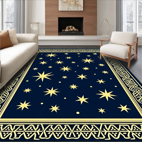 ODIKA 4'x6' Machine Washable Non-Slip Area Rug, Nordic Constellation Hook with Scandinavian Folk Artistry High Traffic Rug, Blue, 644767