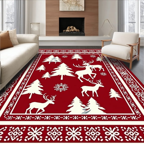 ODIKA 4'x6' Machine Washable Non-Slip Area Rug, Nordic Elk Forest Enchanted Snowy Celebration High Traffic Rug with Pad, Red, 623224
