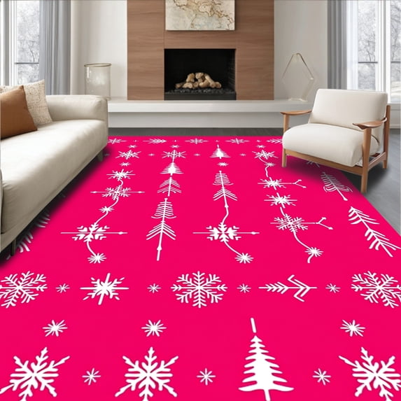 ODIKA 4x6 Machine Washable Non-Slip Area Rug, Nordic Evergreen with Snowflake Ornament Interlocking Arrangement High Traffic Rug with Pad, Pink, 649500