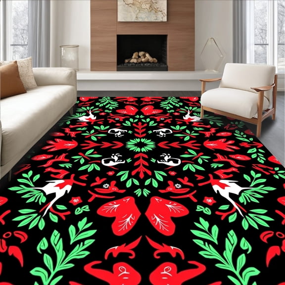 ODIKA 4x6 Machine Washable Non-Slip Area Rug, Nordic Forest Scene with Festive Deer and Evergreen Branches High Traffic Rug, Red, 646135
