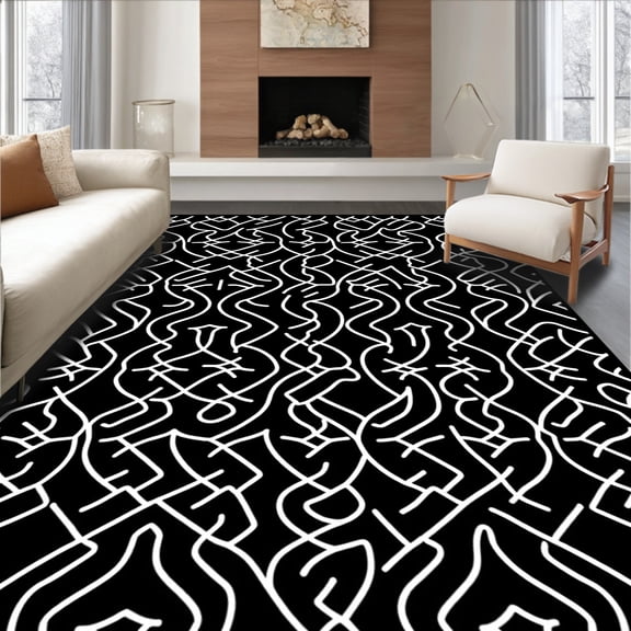 ODIKA 4'x6' Machine Washable Non-Slip Area Rug, Nordic Frosted Maze Interlocking Lattice Art High Traffic Rug, Black, 556348