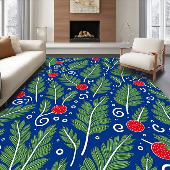 ODIKA 4'x6' Machine Washable Non-Slip Area Rug, Nordic Frosted Pine with Berry Embellishments Festive Embroidery Scheme High Traffic Rug, Blue, 642721