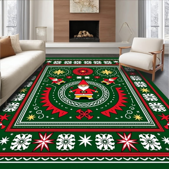 ODIKA 4'x6' Machine Washable Non-Slip Area Rug, Nordic Gnome Motif Holiday with Festive Stars and Snowflake Accents High Traffic Rug, Green, 736248