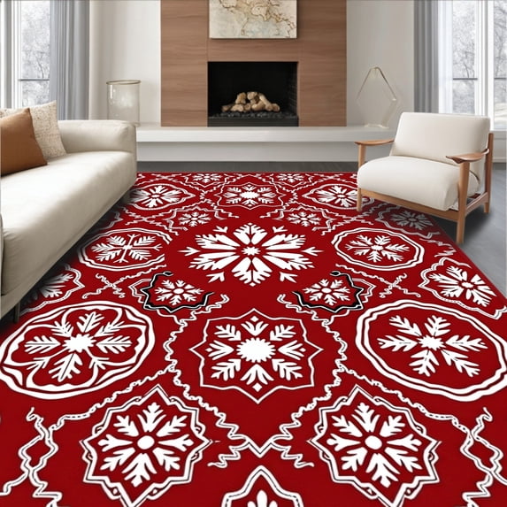 ODIKA 4'x6' Machine Washable Non-Slip Area Rug, Nordic Knit Inspired Snowflake Patchwork with and Festive Details High Traffic Rug, Red, 629525