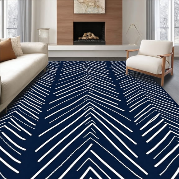 ODIKA 4'x6' Machine Washable Non-Slip Area Rug, Nordic Minimalist Herringbone Abstract Zigzag Contemporary Elegant High Traffic Rug, Blue, 454346