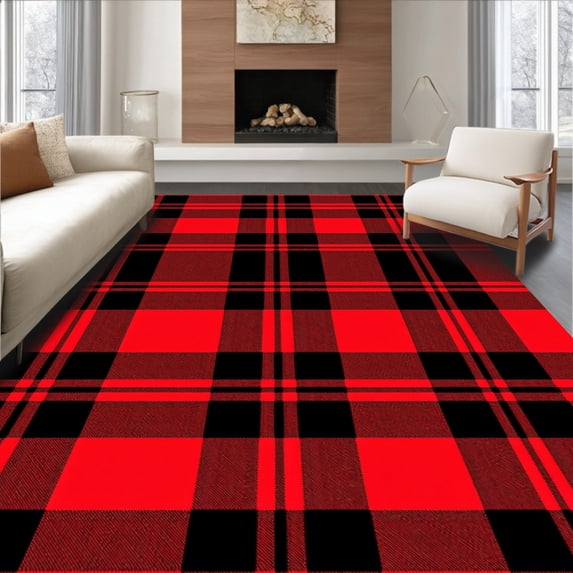 ODIKA 4'x6' Machine Washable Non-Slip Area Rug, Nordic Mountain Cabin Hearth Decorative Plaid High Traffic Rug with Pad, Red, 610577