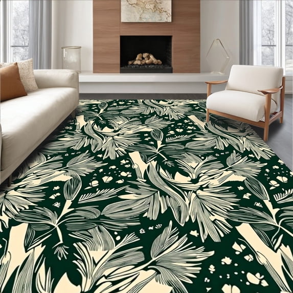 ODIKA 4'x6' Machine Washable Non-Slip Area Rug, Nordic Pine Branch Christmas Tree Skirt with Evergreen Needle Design High Traffic Rug, Green, 739101