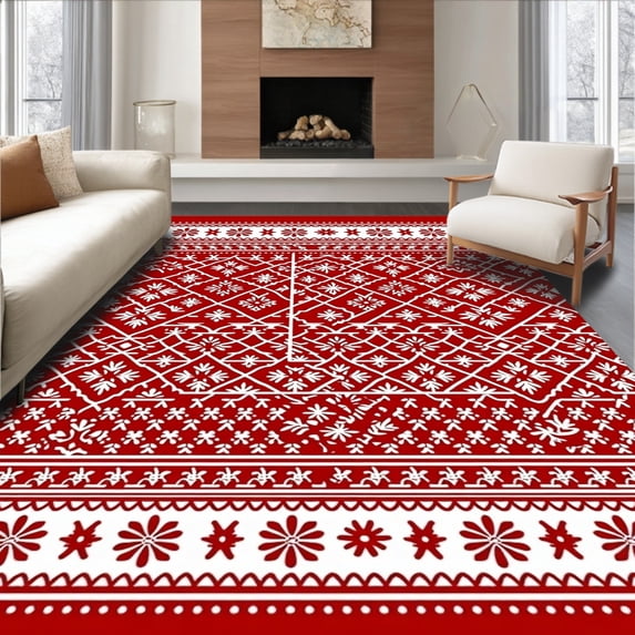 ODIKA 4'x6' Machine Washable Non-Slip Area Rug, Nordic Snowflake with Festive Pine Sprig Motifs High Traffic Rug, Red, 655945
