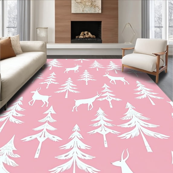 ODIKA 4'x6' Machine Washable Non-Slip Area Rug, Nordic Snowy Village Scene with Reindeer and Stylized Pine Trees Motif High Traffic Rug with Pad, Pink, 736098