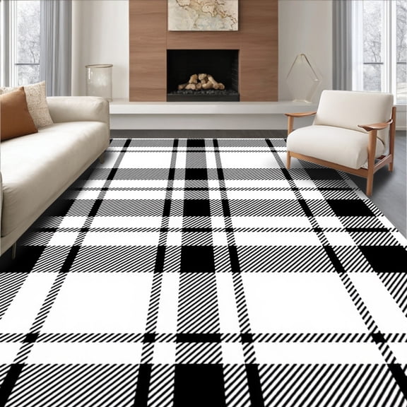 ODIKA 4'x6' Machine Washable Non-Slip Area Rug, Nordic Tartan Modern Minimalist Statement High Traffic Rug, Black, 547918