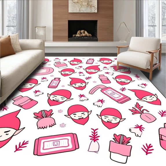 ODIKA 4'x6' Machine Washable Non-Slip Area Rug, Nordic Tomte Restroom Ensemble Yuletide Elf High Traffic Rug with Pad, Pink, 736122