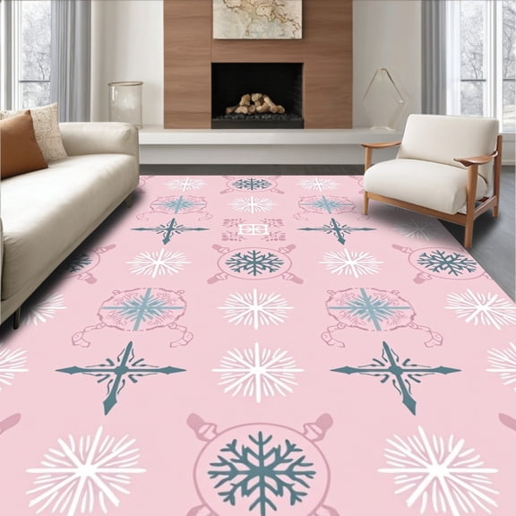 ODIKA 4x6 Machine Washable Non-Slip Area Rug, Nordic Whimsy Featuring Interlocking Snow Sprigs and Delicate Flurries High Traffic Rug, Pink, 741455
