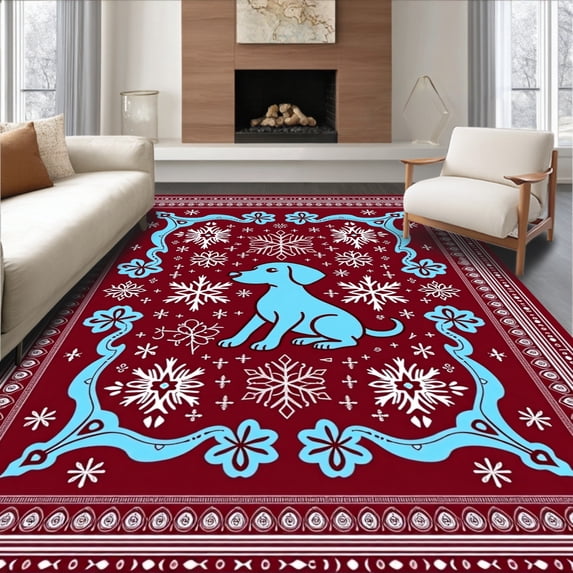 ODIKA 4'x6' Machine Washable Non-Slip Area Rug, Nordic Winter Dachshund Scene with Stylized Snowflake Details High Traffic Rug with Pad, Red, 743628