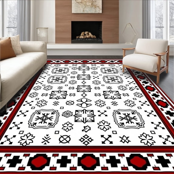 ODIKA 4'x6' Machine Washable Non-Slip Area Rug, Nordic Winter Plaid Mosaic with Festive Folk High Traffic Rug with Pad, Red, 508112