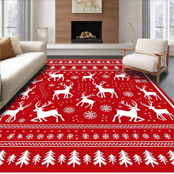 ODIKA 4'x6' Machine Washable Non-Slip Area Rug, Nordic Yuletide Celebration Decorative Floor High Traffic Rug, Red, 618579
