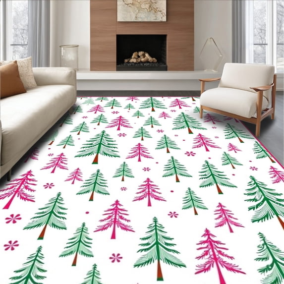 ODIKA 4'x6' Machine Washable Non-Slip Area Rug, North Pole Bathroom Arrangement Snowy Evergreen Shower Display High Traffic Rug, Pink, 738585