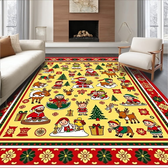 ODIKA 4'x6' Machine Washable Non-Slip Area Rug, North Pole Express Absorbent Bath Whimsical Santa Workshop High Traffic Rug with Pad, Yellow, 626576