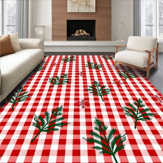 ODIKA 4'x6' Machine Washable Non-Slip Area Rug, North Pole Gingham Winter Wonderland Hearth Accent High Traffic Rug with Pad, Red, 608242