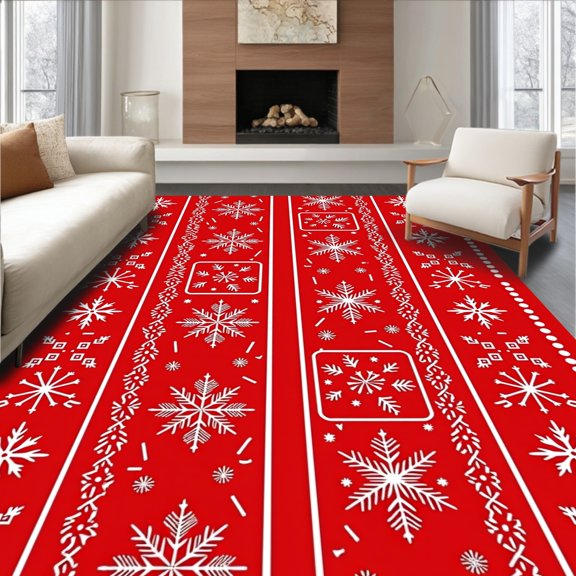 ODIKA 4x6 Machine Washable Non-Slip Area Rug, North Pole Magic Snowflake Accent Throw Elegant Print High Traffic Rug with Pad, Red, 611213