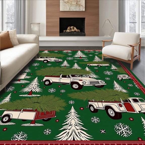 ODIKA 4'x6' Machine Washable Non-Slip Area Rug, Nostalgic Journey Fir Transport Vintage High Traffic Rug, Green, 738130