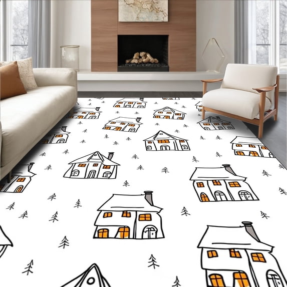 ODIKA 4x6 Machine Washable Non-Slip Area Rug, Nostalgic Village Houses Snow Capped Hearth Embellishment High Traffic Rug with Pad, White, 622641