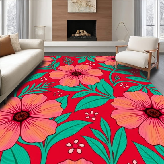 ODIKA 4'x6' Machine Washable Non-Slip Area Rug, Ocean Breeze Hibiscus Blooms and Island Foliage High Traffic Rug, Red, 716540