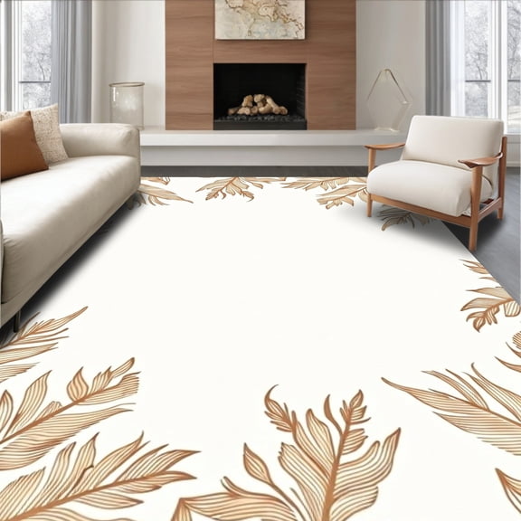 ODIKA 4x6 Machine Washable Non-Slip Area Rug, Ocean Breeze Palm Fronds with Flowing Wave Motifs High Traffic Rug, Brown, 716494