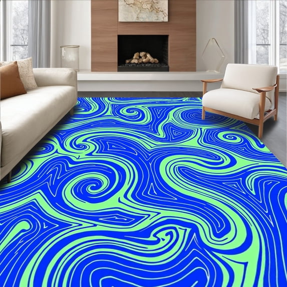 ODIKA 4'x6' Machine Washable Non-Slip Area Rug, Ocean Current Wave with Interlocking Spiral Motifs and Accents High Traffic Rug, Blue, 718837