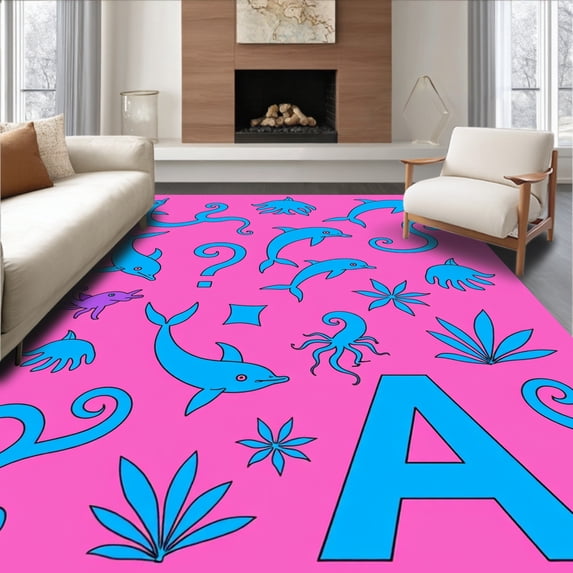 ODIKA 4'x6' Machine Washable Non-Slip Area Rug, Ocean Explorer ABC Discovery with Marine Life Characters High Traffic Rug, Pink, 699480