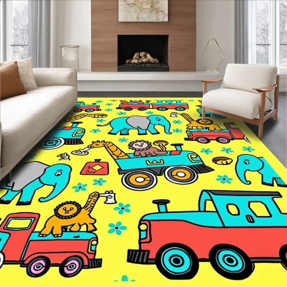 ODIKA 4'x6' Machine Washable Non-Slip Area Rug, Ocean Safari Animal Train Journey with Wildlife Explorer Theme High Traffic Rug, Yellow, 693062