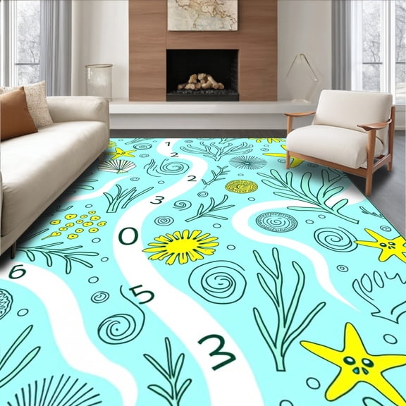 ODIKA 4x6 Machine Washable Non-Slip Area Rug, Ocean Sea Life Adventure Course with Marine Animal Numbers Track High Traffic Rug, Blue, 681241