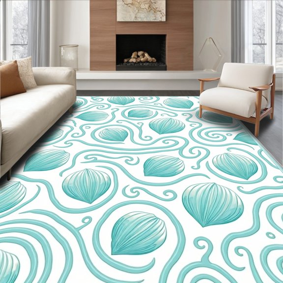 ODIKA 4x6 Machine Washable Non-Slip Area Rug, Ocean Wave Conch Shell Design Anti Slip Bathroom Floor Decorative High Traffic Rug, Blue, 706710