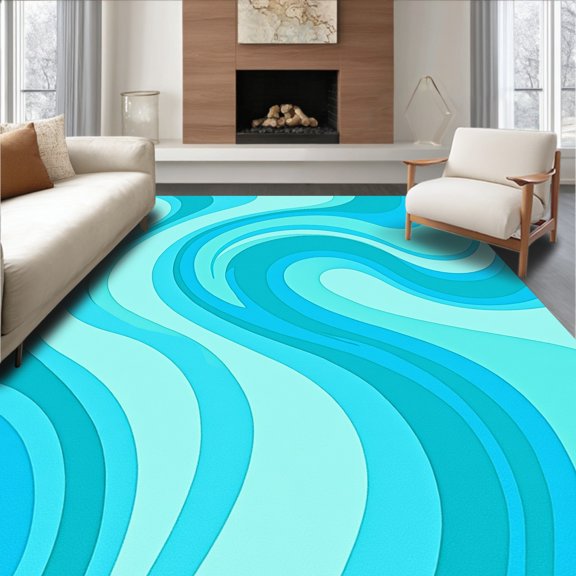 ODIKA 4'x6' Machine Washable Non-Slip Area Rug, Ocean Wave Gradient Accent with Flowing Nautical Transitions High Traffic Rug, Blue, 658374