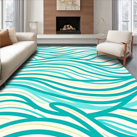 ODIKA 4'x6' Machine Washable Non-Slip Area Rug, Ocean Wave Ripple Design with Flowing High Traffic Rug, Turquoise, 474872
