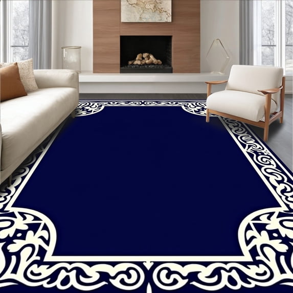 ODIKA 4'x6' Machine Washable Non-Slip Area Rug, Ocean Wave Scrollwork Damask Motif Traditional Ornamental Border High Traffic Rug, Blue, 550224