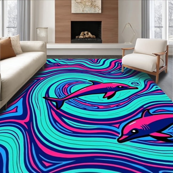 ODIKA 4'x6' Machine Washable Non-Slip Area Rug, Ocean Waves Marine Life Hook Making Kit Decorative Throw High Traffic Rug with Pad, Pink, 686160