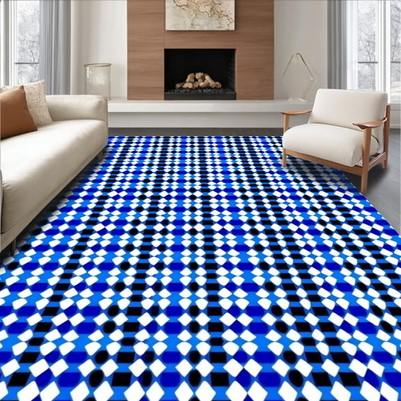 ODIKA 4'x6' Machine Washable Non-Slip Area Rug, Oceanic Lattice Design with Interwoven Shapes and Crisp Contrasting Bands High Traffic Rug, Blue, 716102
